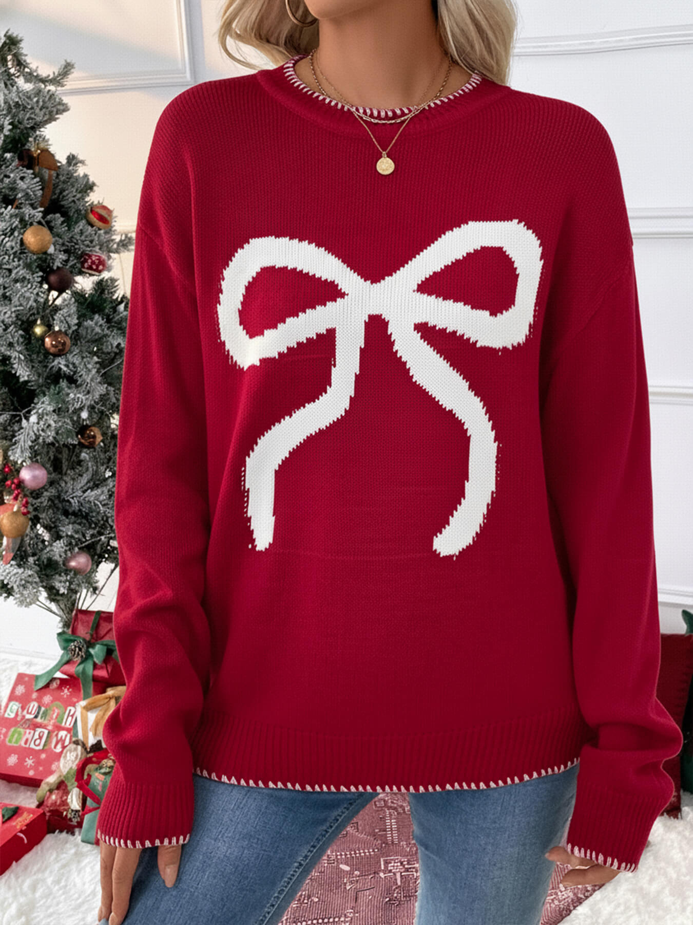 Sleigh Girl Gift Bow Graphic Sweater - red