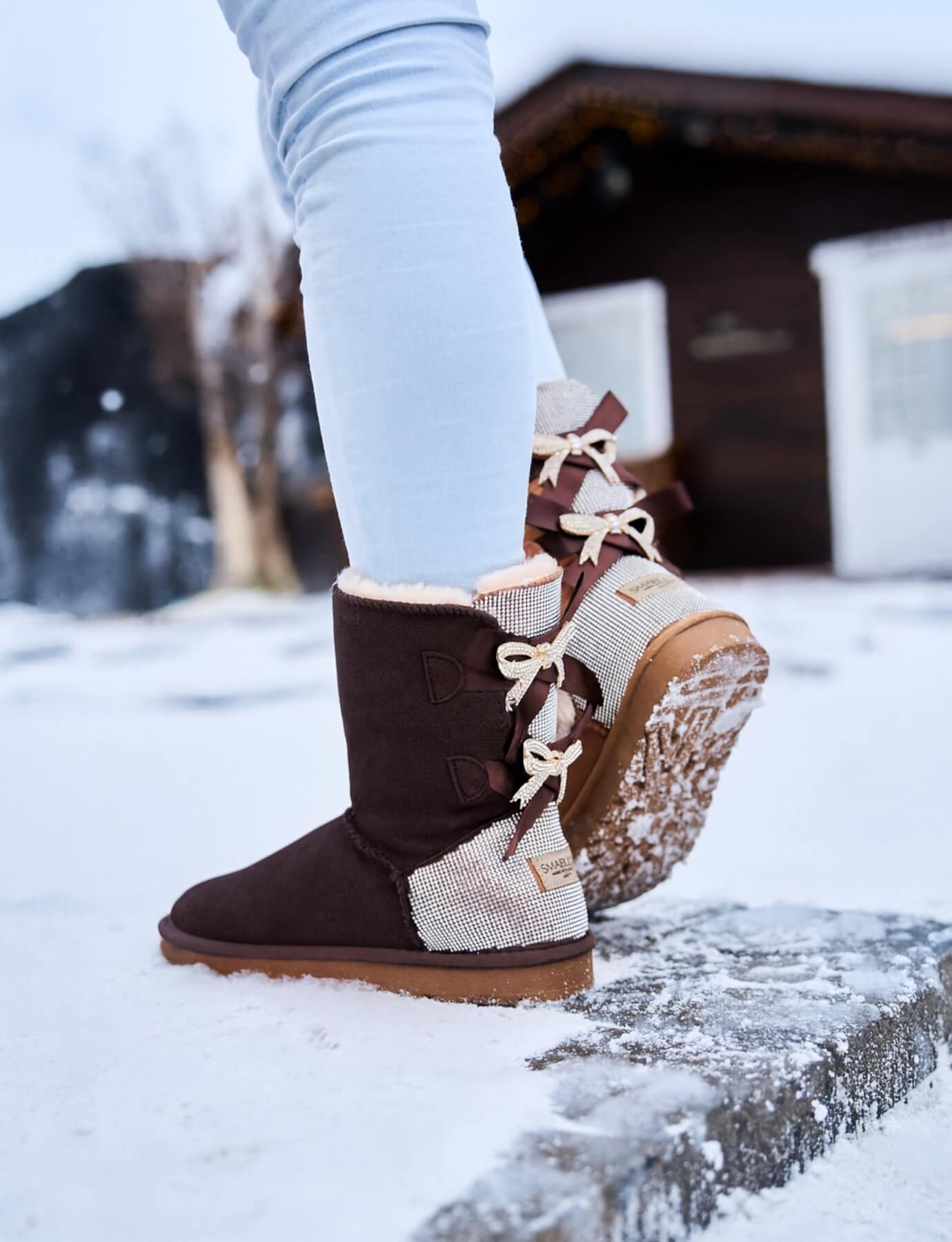 SMAIBULUN Ugg | Rhinestone Dual Bailey Bow Glam Ugg Boots - chocolate