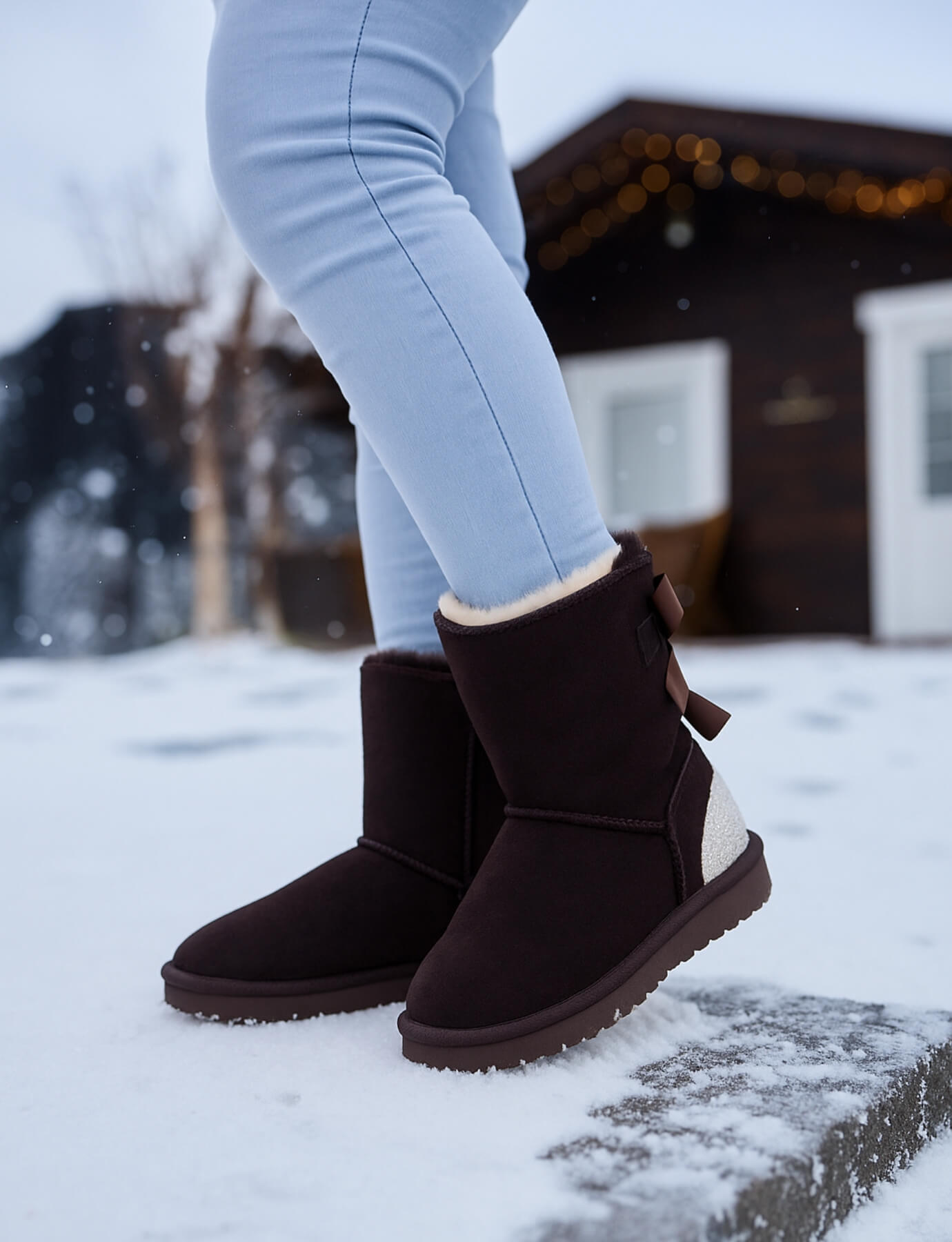 SMAIBULUN Ugg | Rhinestone Dual Bailey Bow Glam Ugg Boots - chocolate