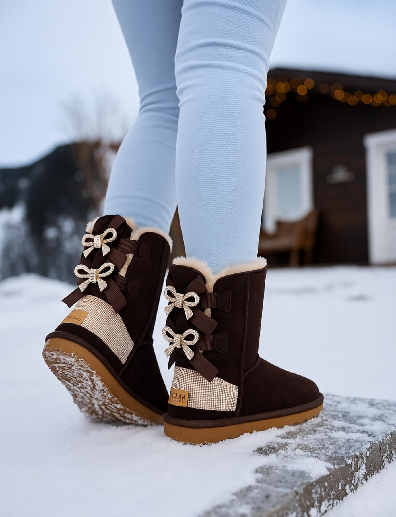 SMAIBULUN Ugg | Rhinestone Dual Bailey Bow Glam Ugg Boots - chocolate