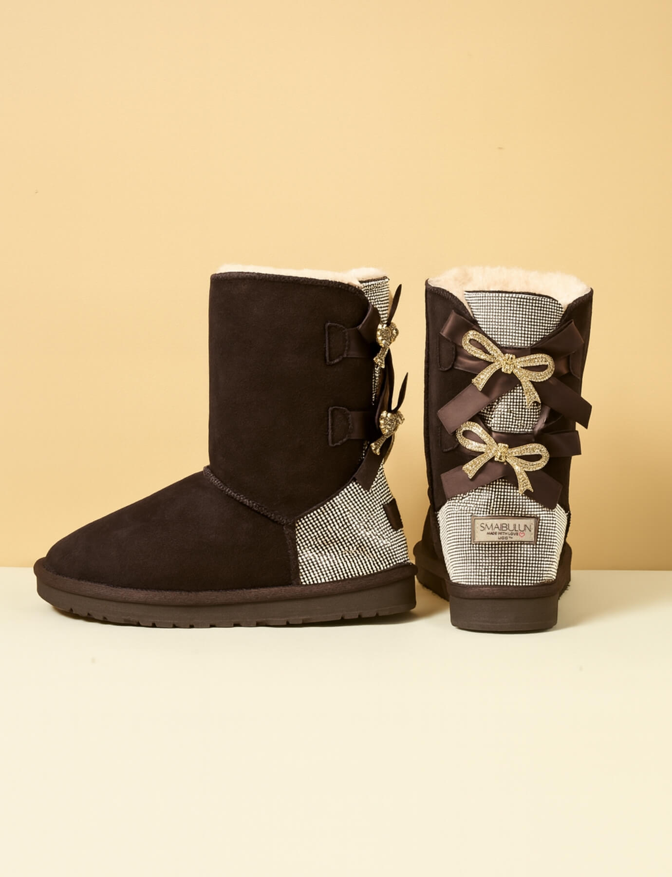 SMAIBULUN Ugg | Rhinestone Dual Bailey Bow Glam Ugg Boots - chocolate
