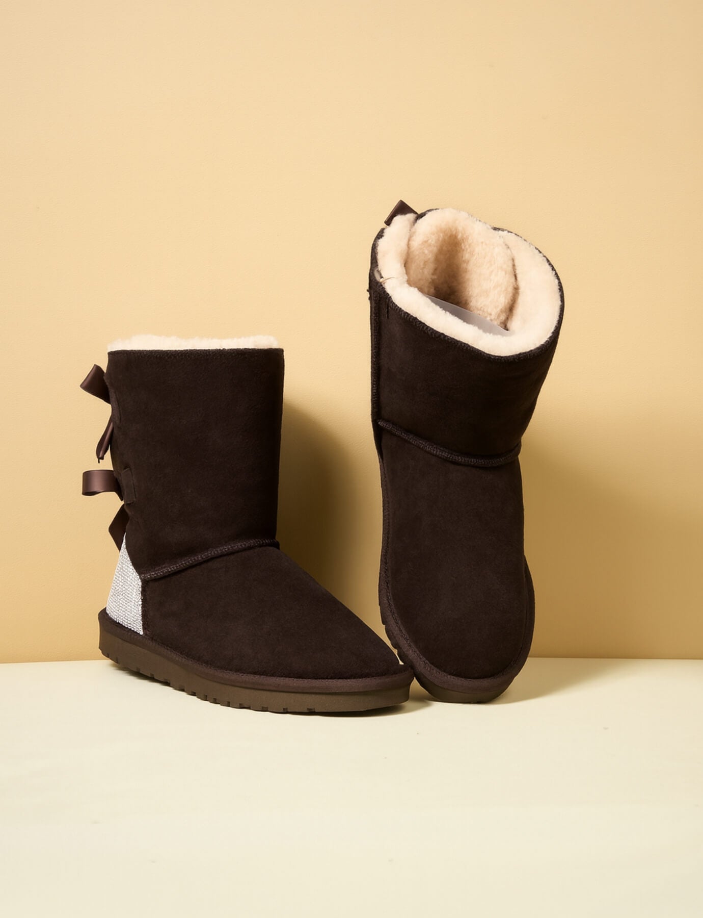 SMAIBULUN Ugg | Rhinestone Dual Bailey Bow Glam Ugg Boots - chocolate