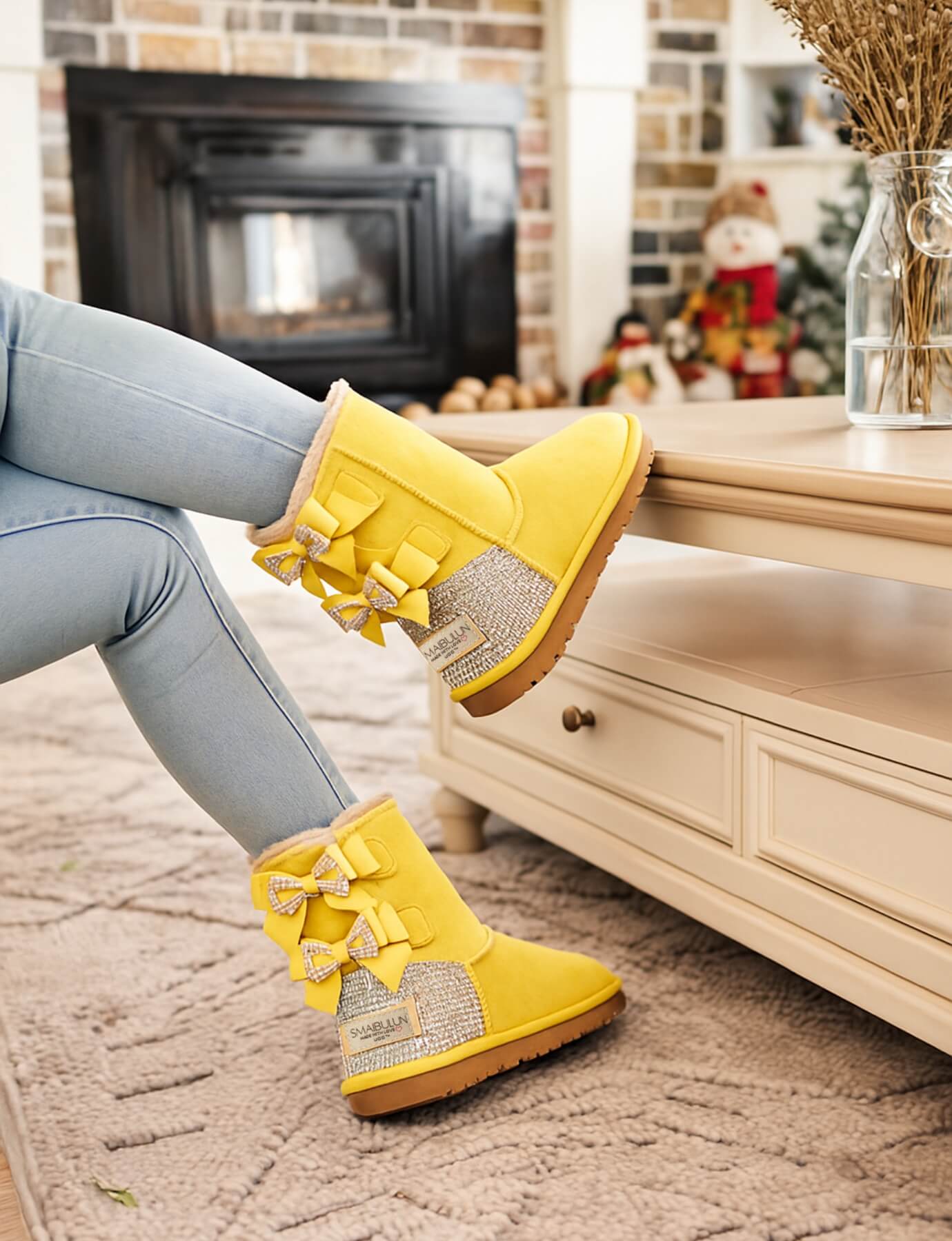 SMAIBULUN Ugg | Rhinestone Dual Bailey Bow Glam Ugg Boots - yellow