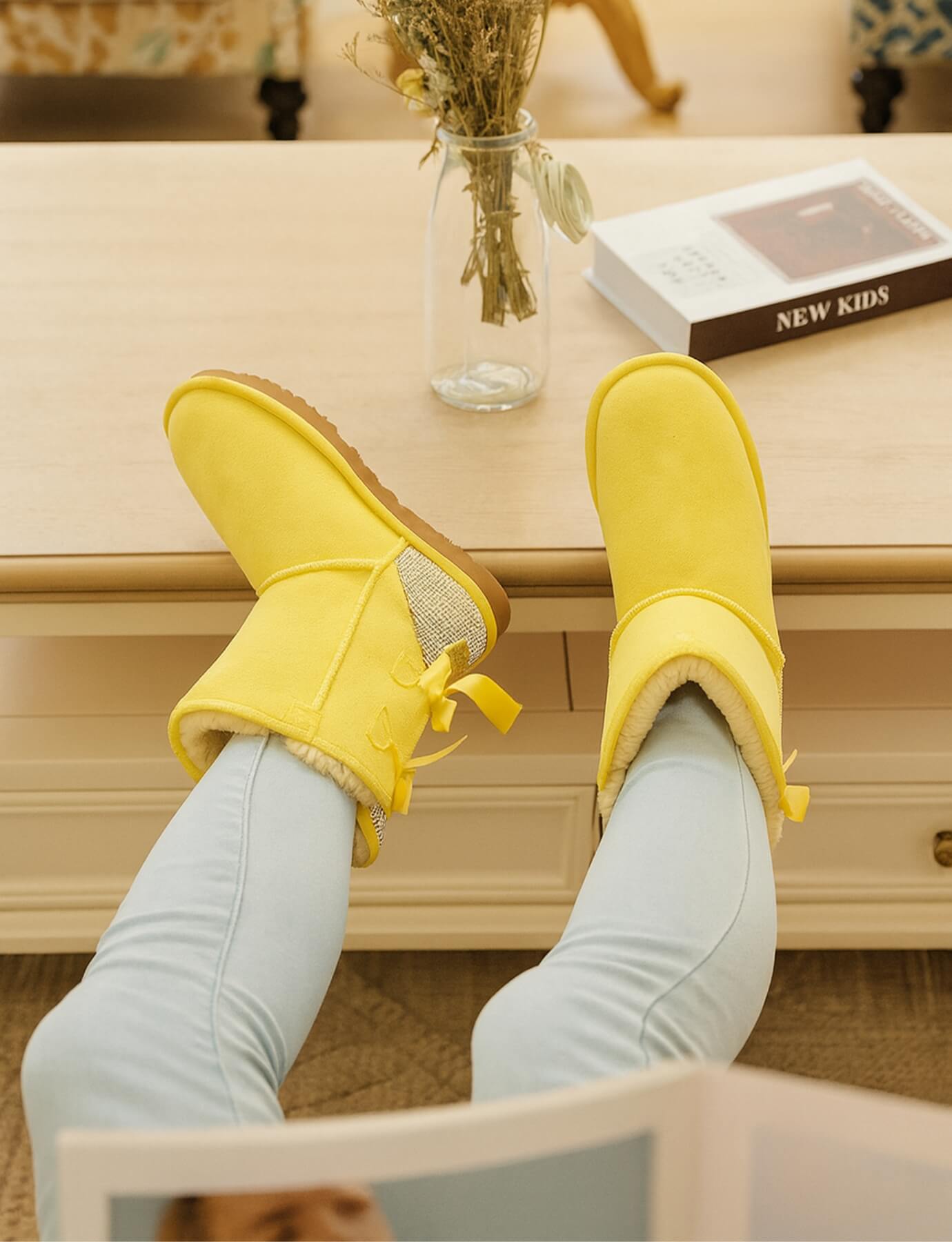 SMAIBULUN Ugg | Rhinestone Dual Bailey Bow Glam Ugg Boots - yellow