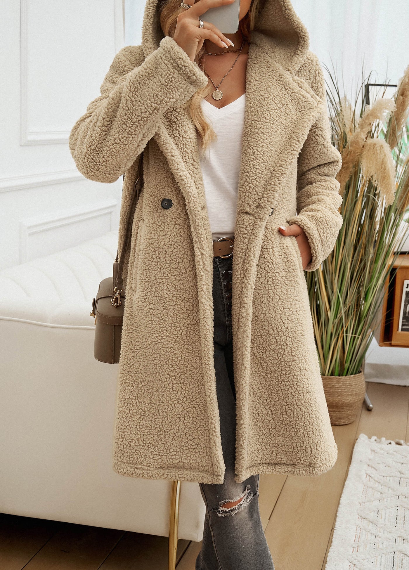 Teddy Longline Pocketed Coat - Neutral