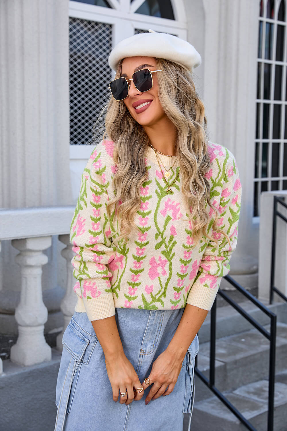 Adalia Floral Pattern Knit Sweater - Apricot