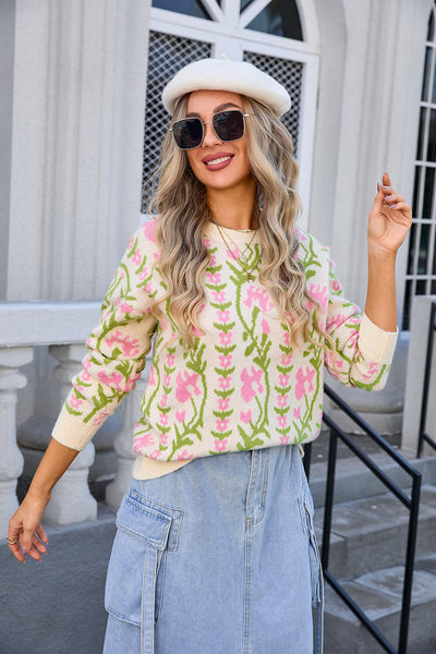 Adalia Floral Pattern Knit Sweater - Apricot