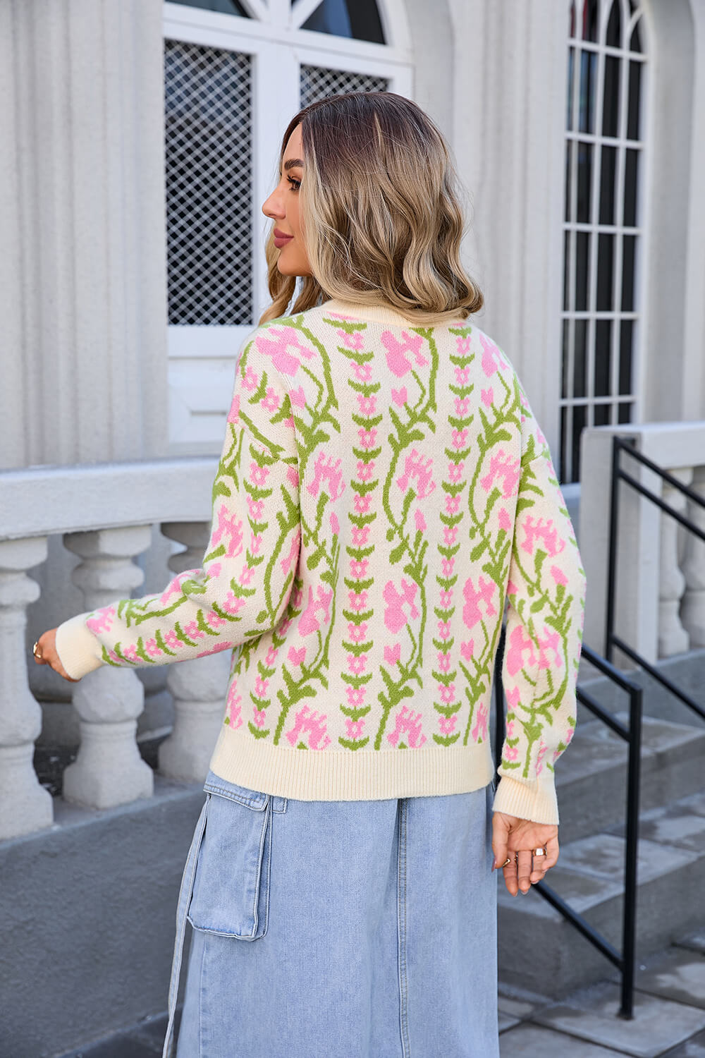 Adalia Floral Pattern Knit Sweater - Apricot