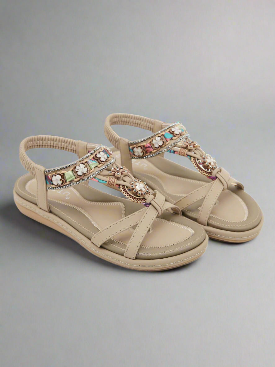 Siketu | Boho Daisy Beaded Cushioned Sandal - beige