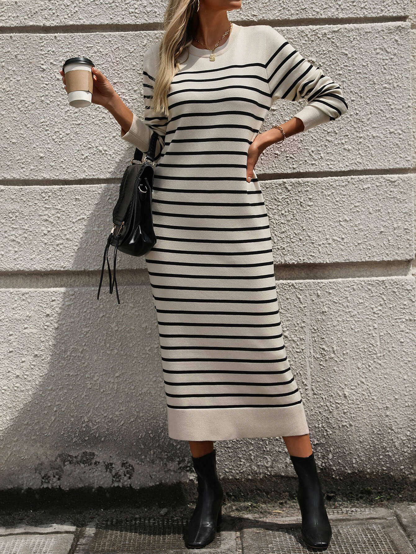 Seville Striped Sweater Midi Dress - Beige