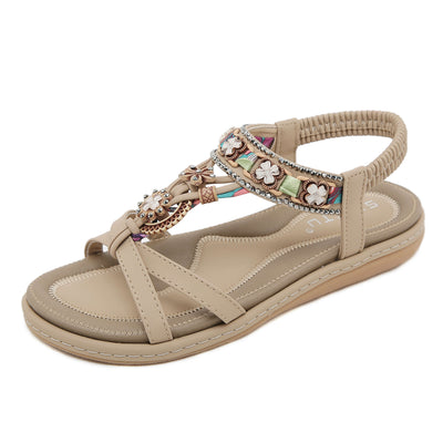 Siketu | Boho Daisy Beaded Cushioned Sandal - beige