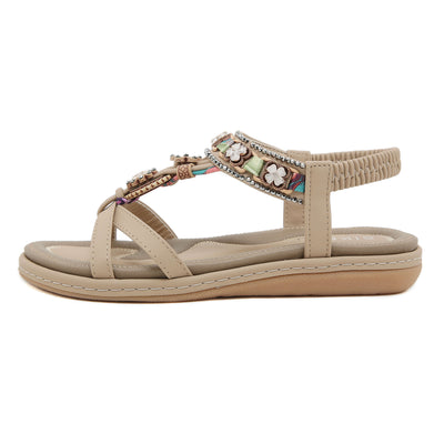 Siketu | Boho Daisy Beaded Cushioned Sandal - beige