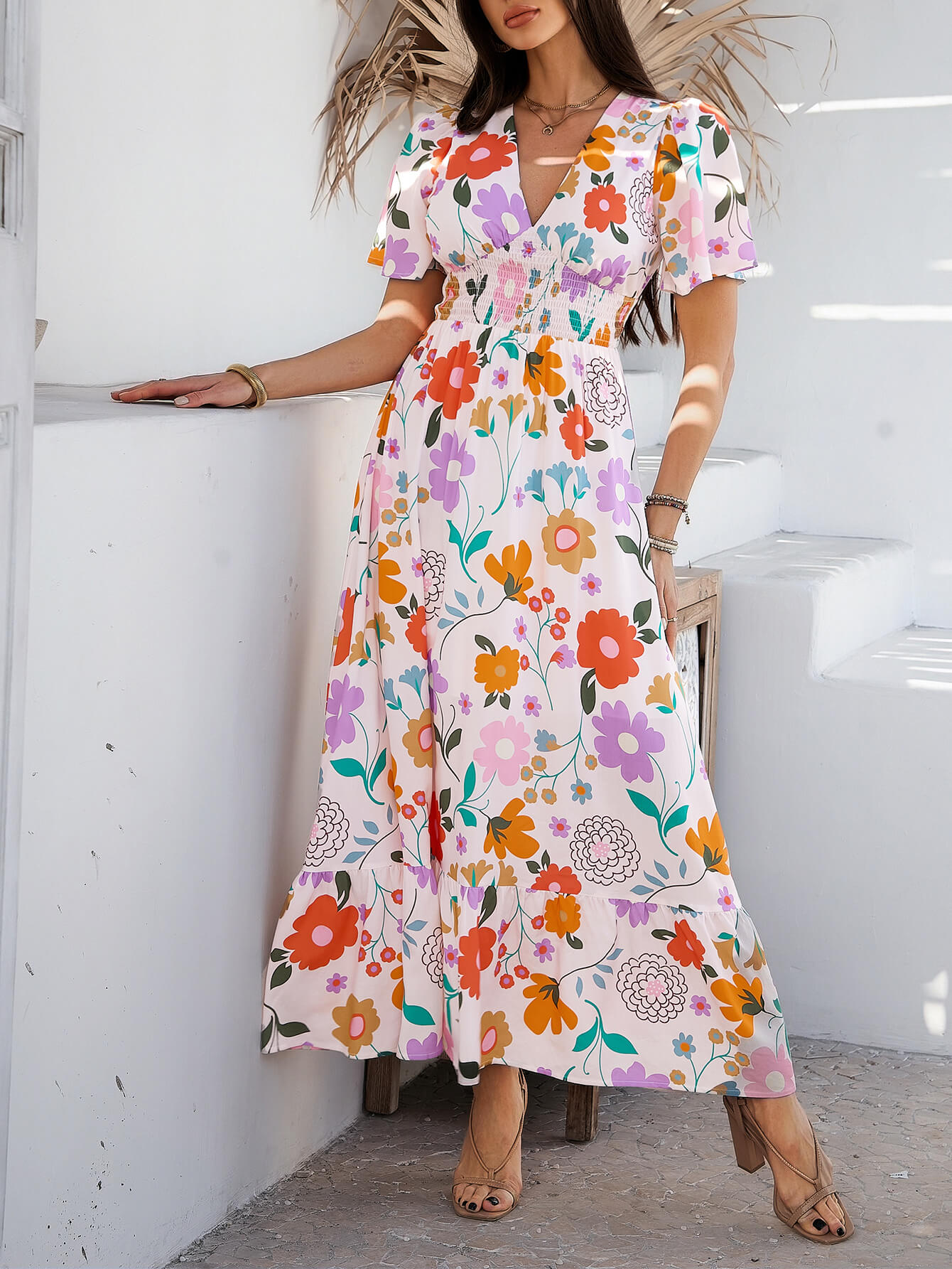 Tropical Drift Abstract Floral Maxi Dress - beige