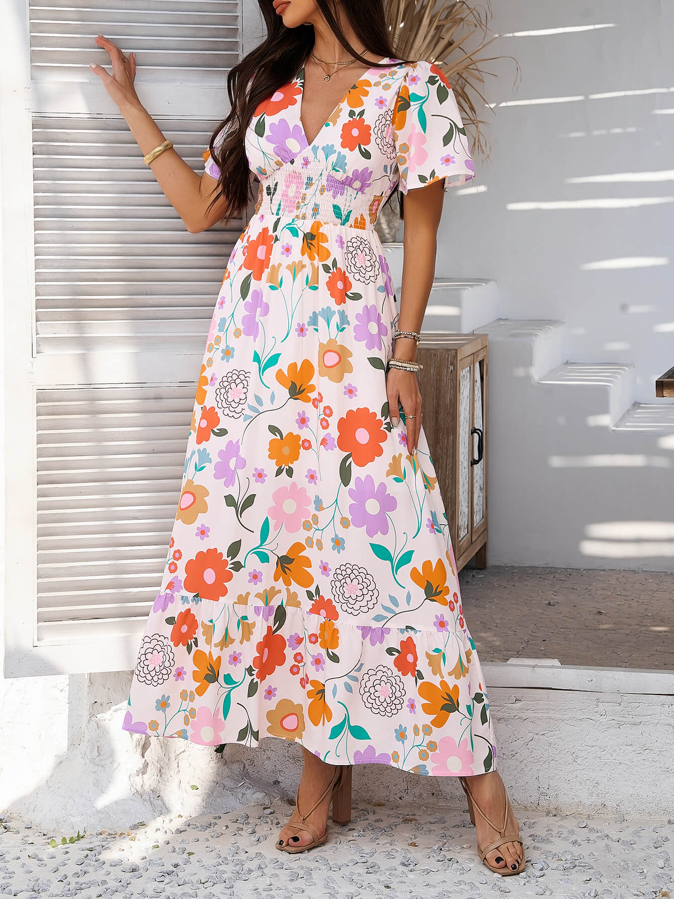 Tropical Drift Abstract Floral Maxi Dress - beige