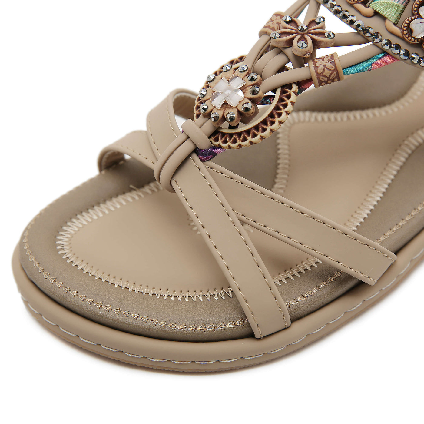 Siketu | Boho Daisy Beaded Cushioned Sandal - beige