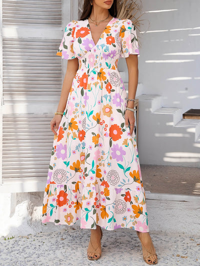 Tropical Drift Abstract Floral Maxi Dress - beige