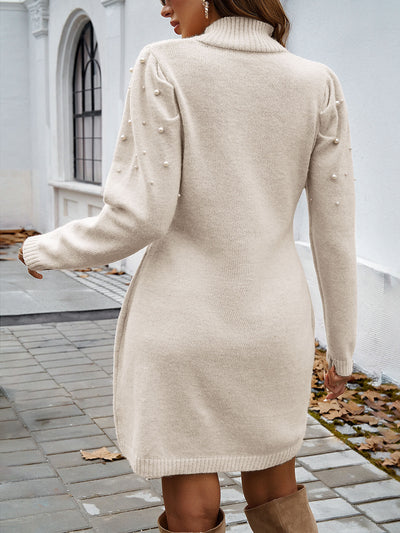 beige mini sweater dress Beige Turtle Neck Maternity Mini Sweater Dress