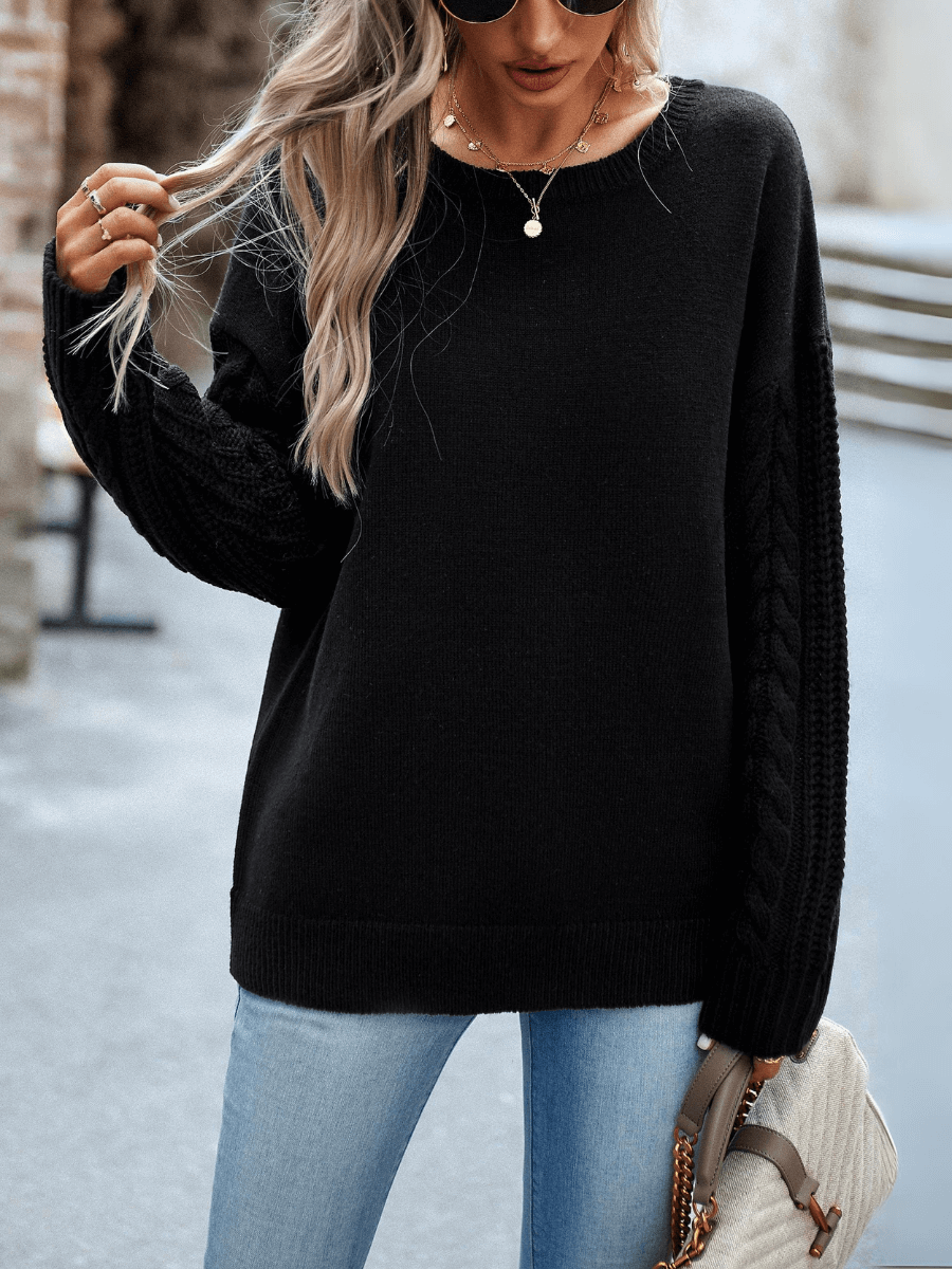 Joan Cable Sleeves Knit Pullover Sweater - Black