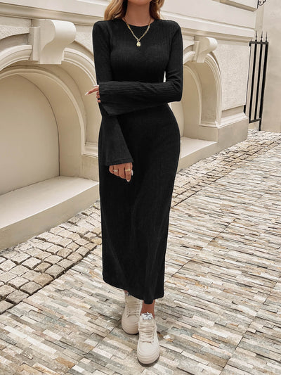 Kaylen Long Sleeve Ribbed Knit Maxi Dress - Black