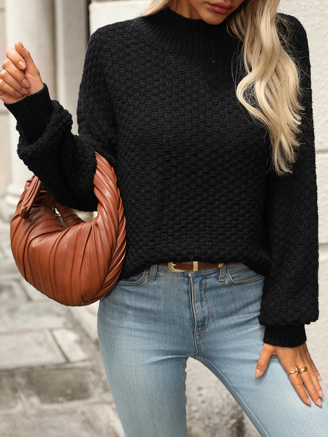 Billie Pom Mock Neck Sweater - Black