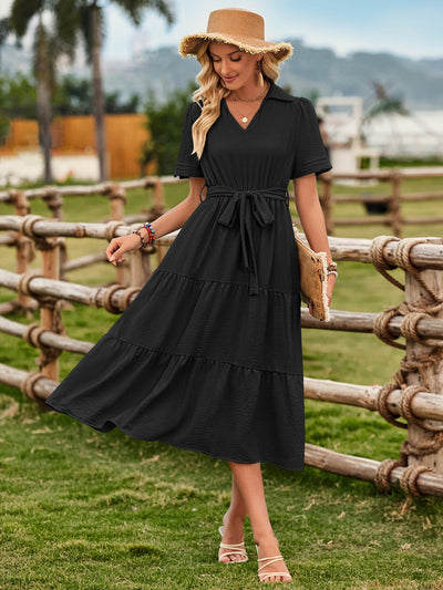 Celie Poplin Collared Tie Waist Midi Dress - Black