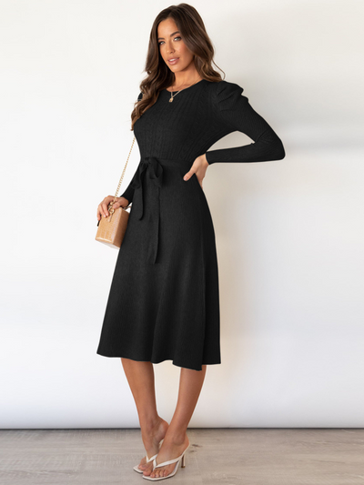 Robin Tie Waist Sweater Midi Dress- Black