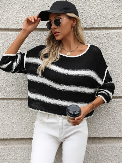 Keep Me In Striped Knit Sweater - Black