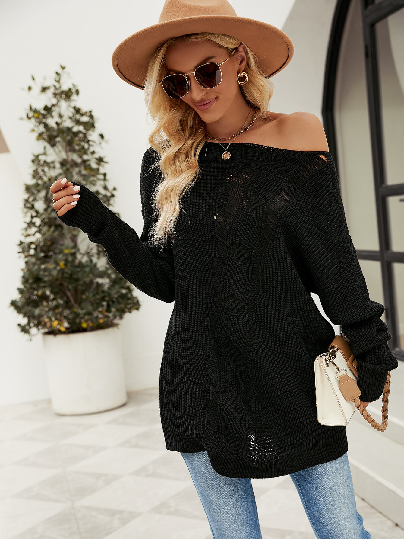 Easy Does It Ripped Knit Sweater - Black