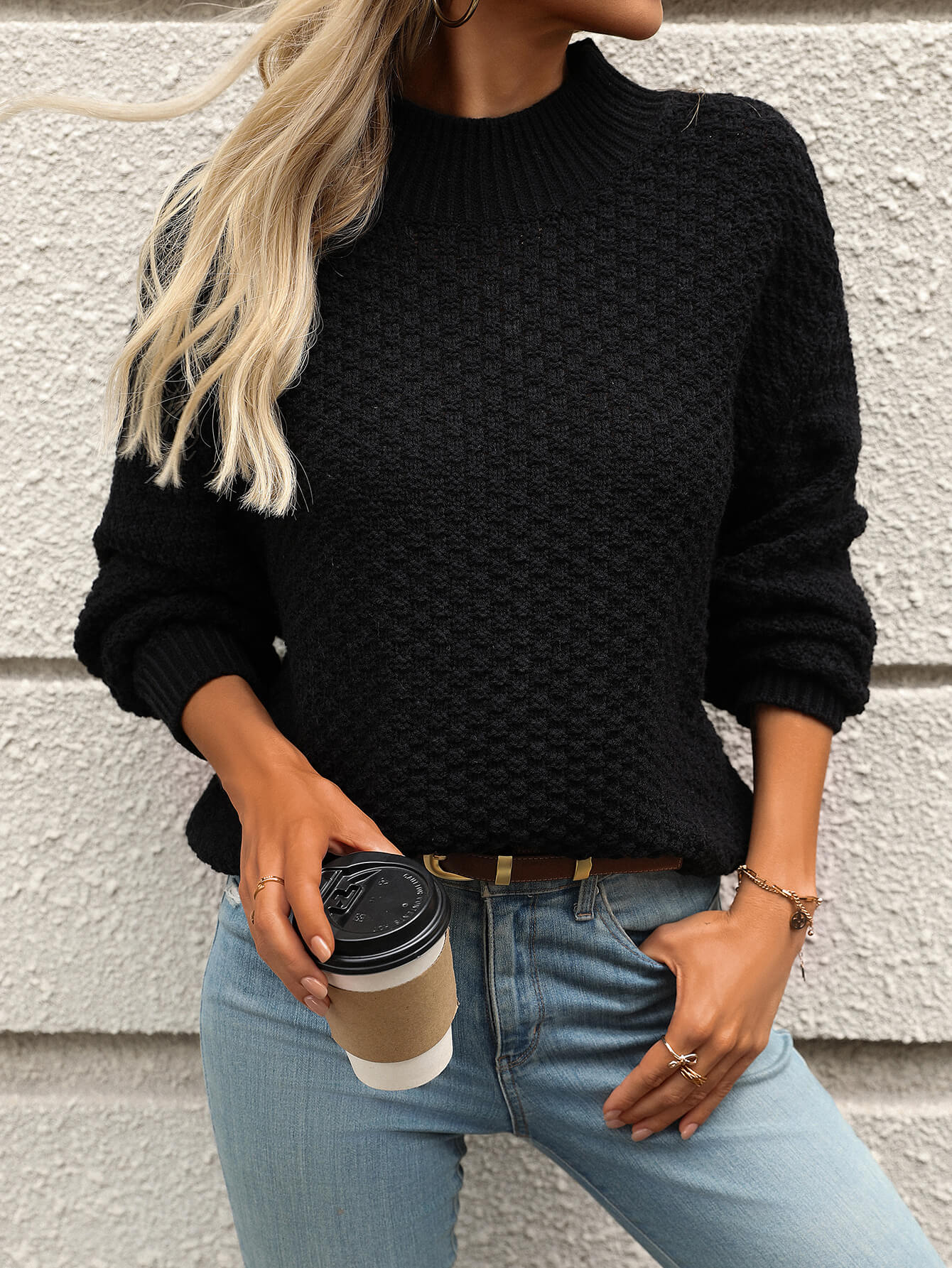 Billie Pom Mock Neck Sweater - Black