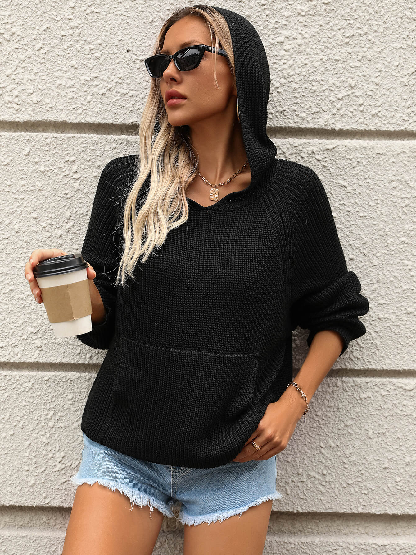 Cozy Chic Star Hoodie Sweater - Black