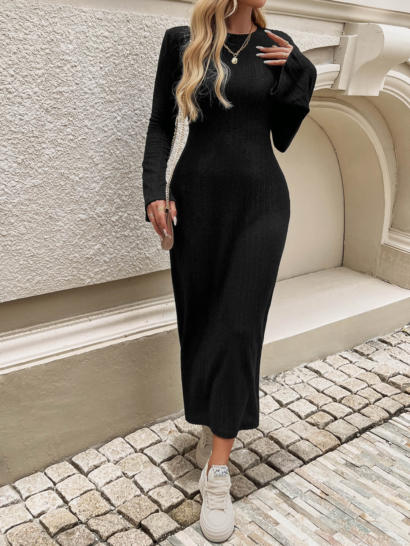 Kaylen Long Sleeve Ribbed Knit Maxi Dress - Black