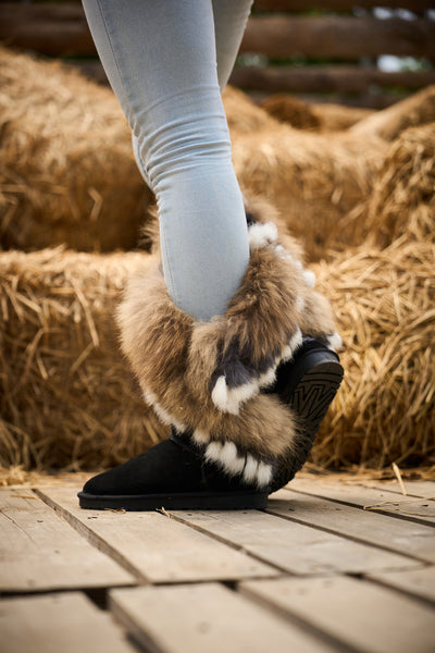 SMAIBULUN Ugg | Faux Fur Wool Lined Grazing Calf Boots - Black