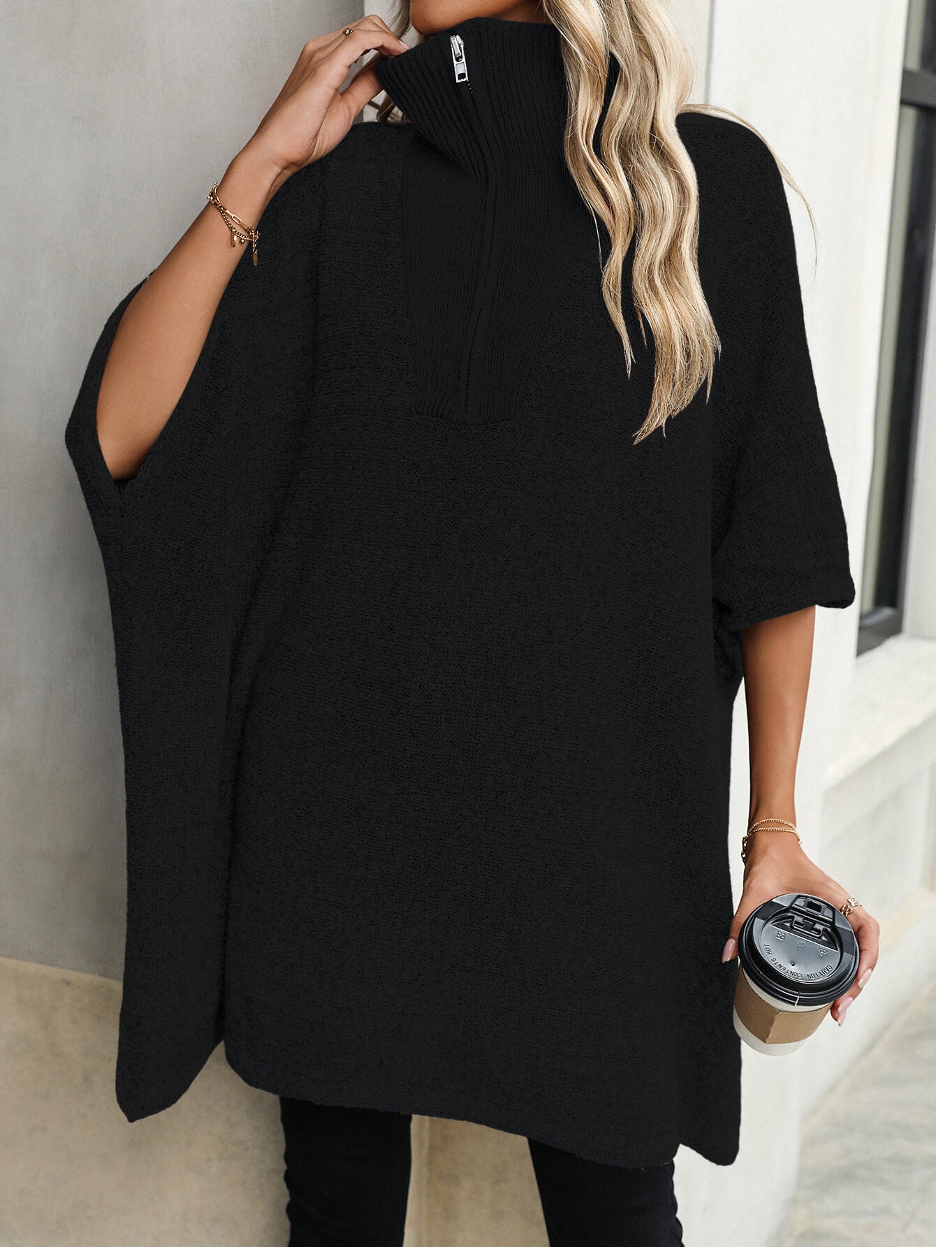 Solina Zip Front Oversized Sweater - Black