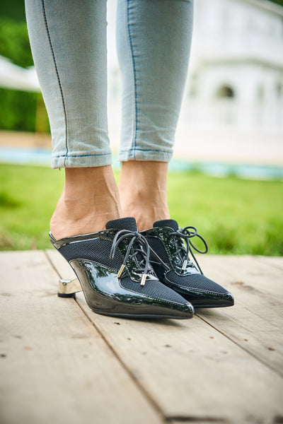 Jady Rose | Aras Leather Mesh Upper Mule Heels - Black