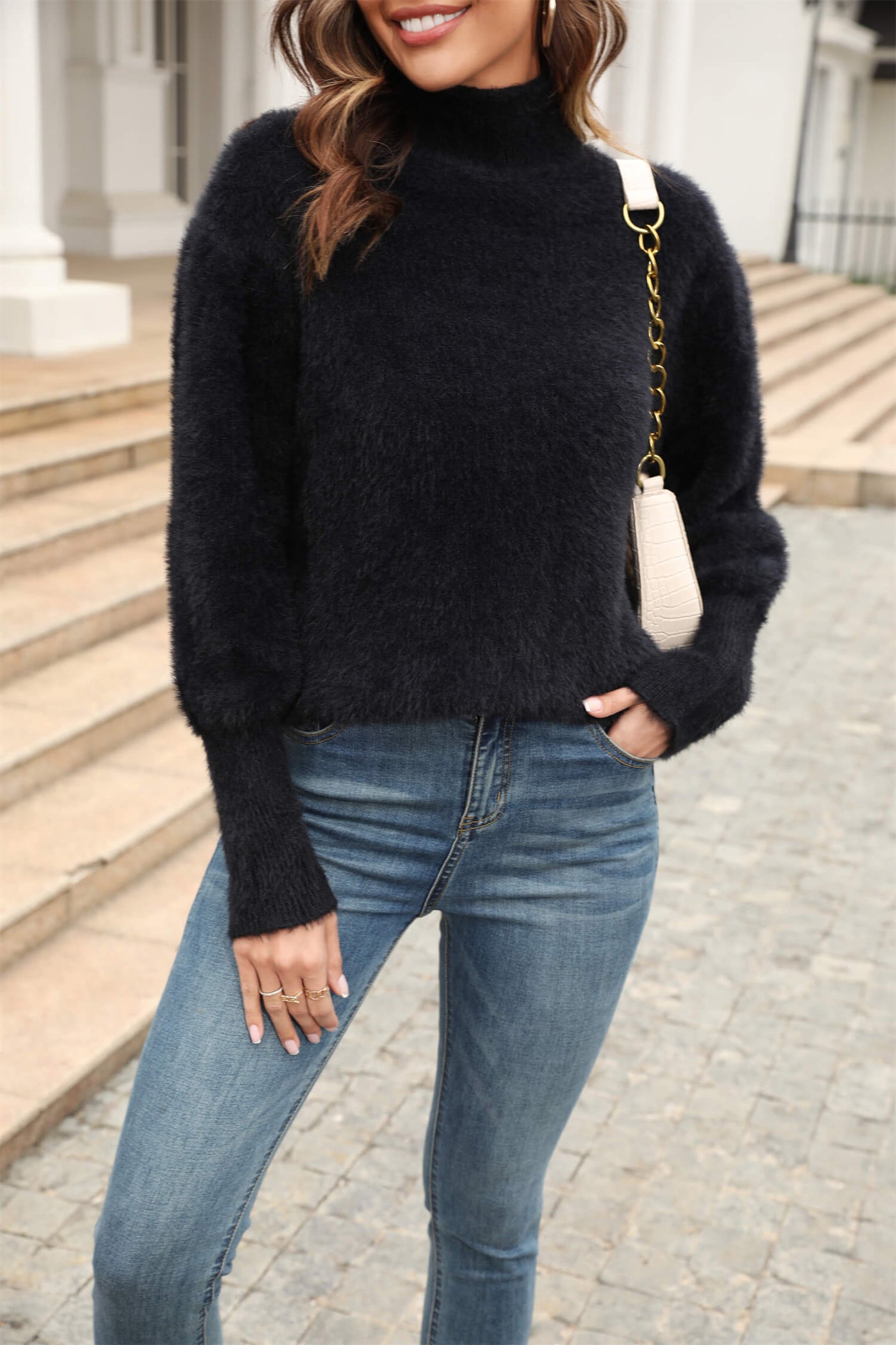 Come My Way Fuzzy Knit Sweater - black