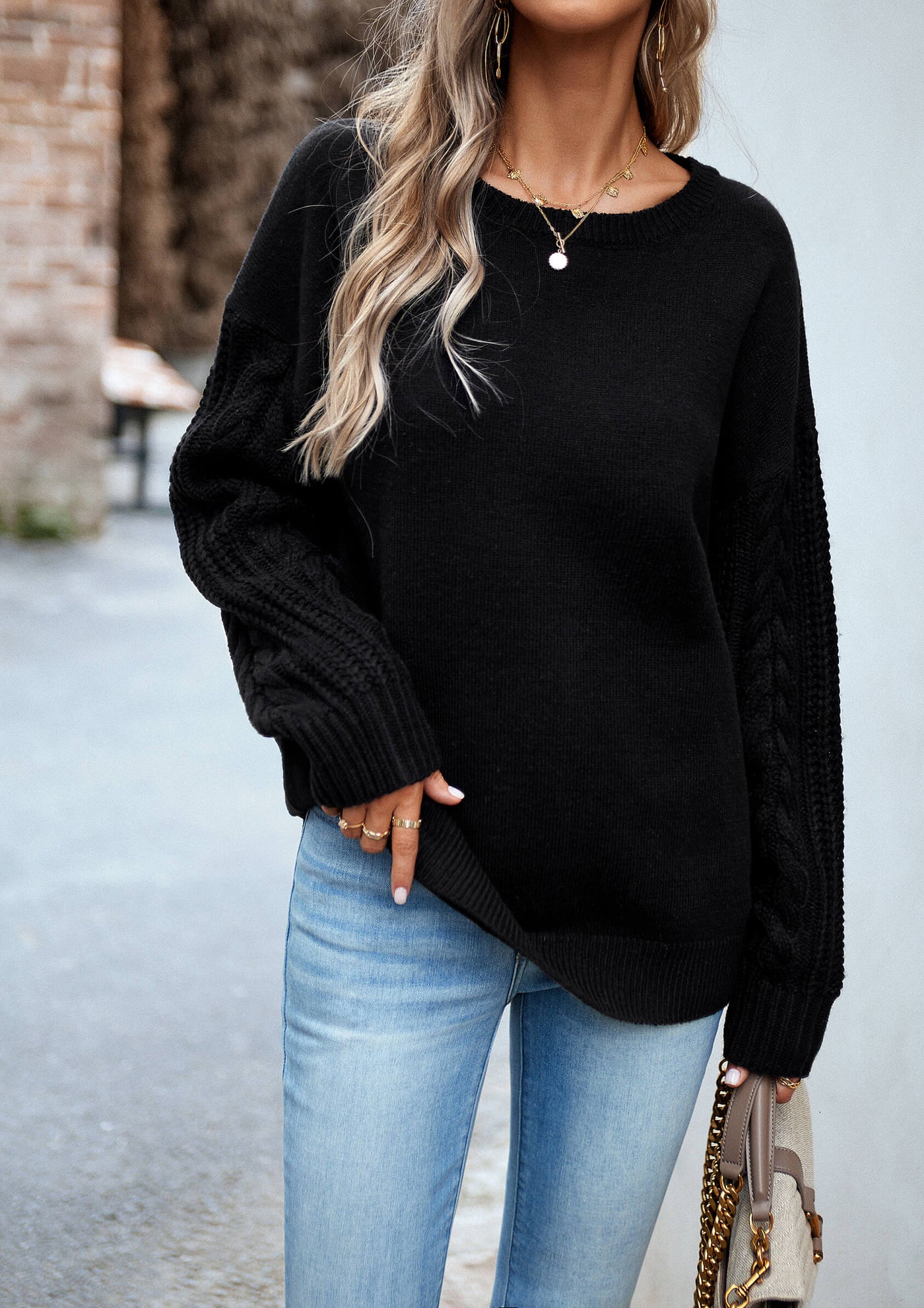 Joan Cable Sleeves Knit Pullover Sweater - Black