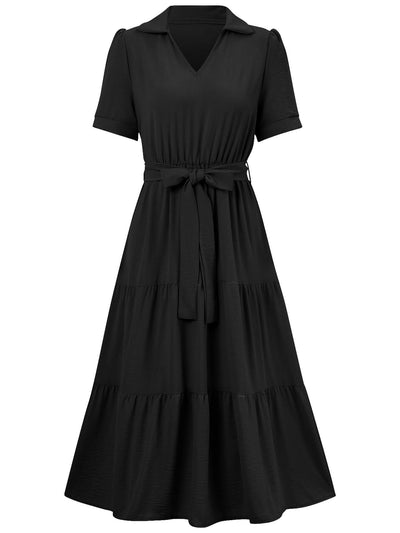 Celie Poplin Collared Tie Waist Midi Dress - Black