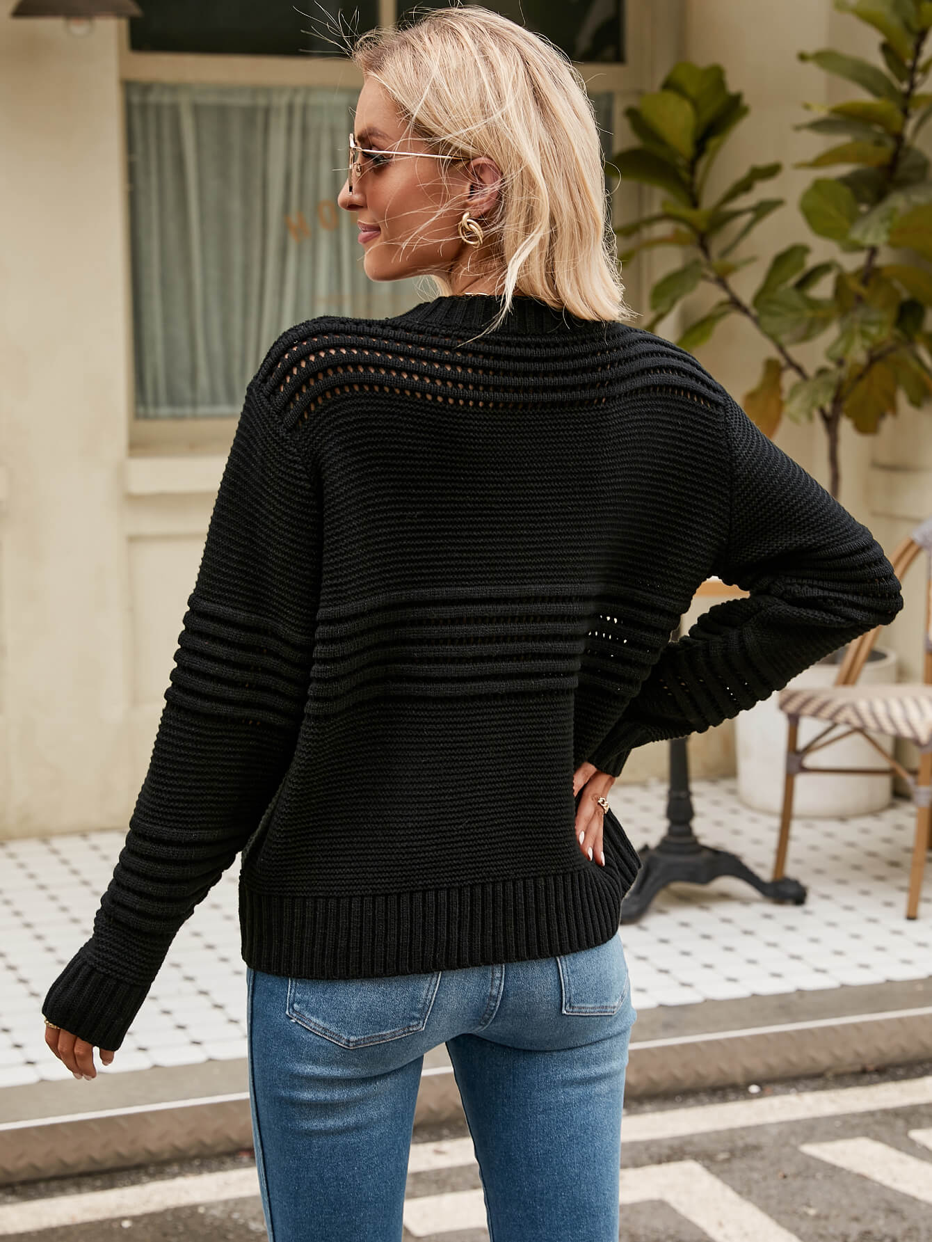 Late Meeting Perforated Stripe Pullover Sweater - Black