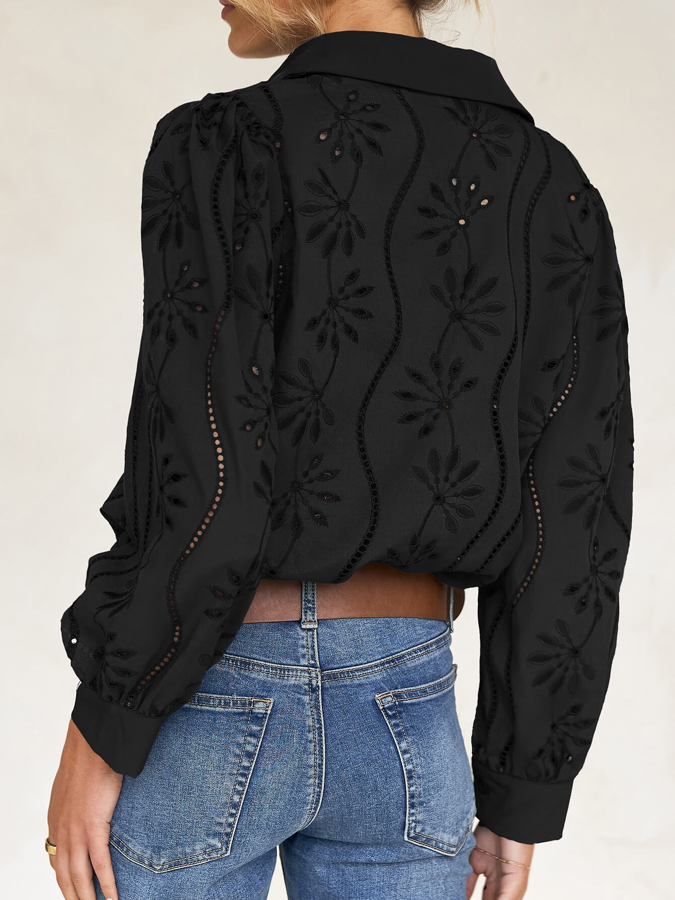 Miley Perforated Long Sleeve Blouse - black