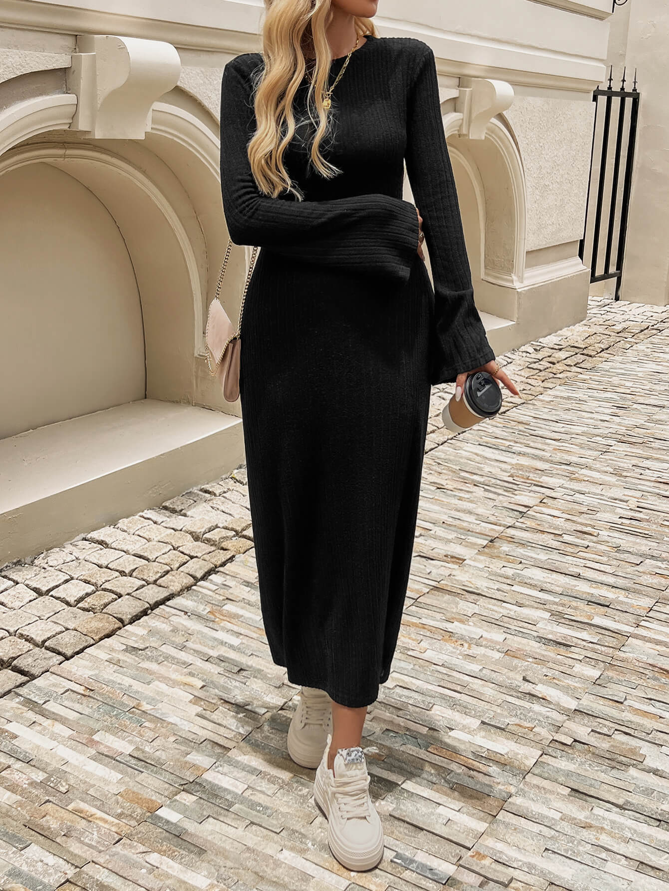 Kaylen Long Sleeve Ribbed Knit Maxi Dress - Black