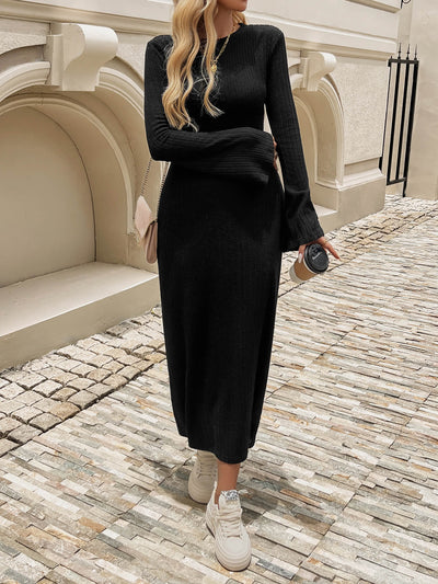 Kaylen Long Sleeve Ribbed Knit Maxi Dress - Black