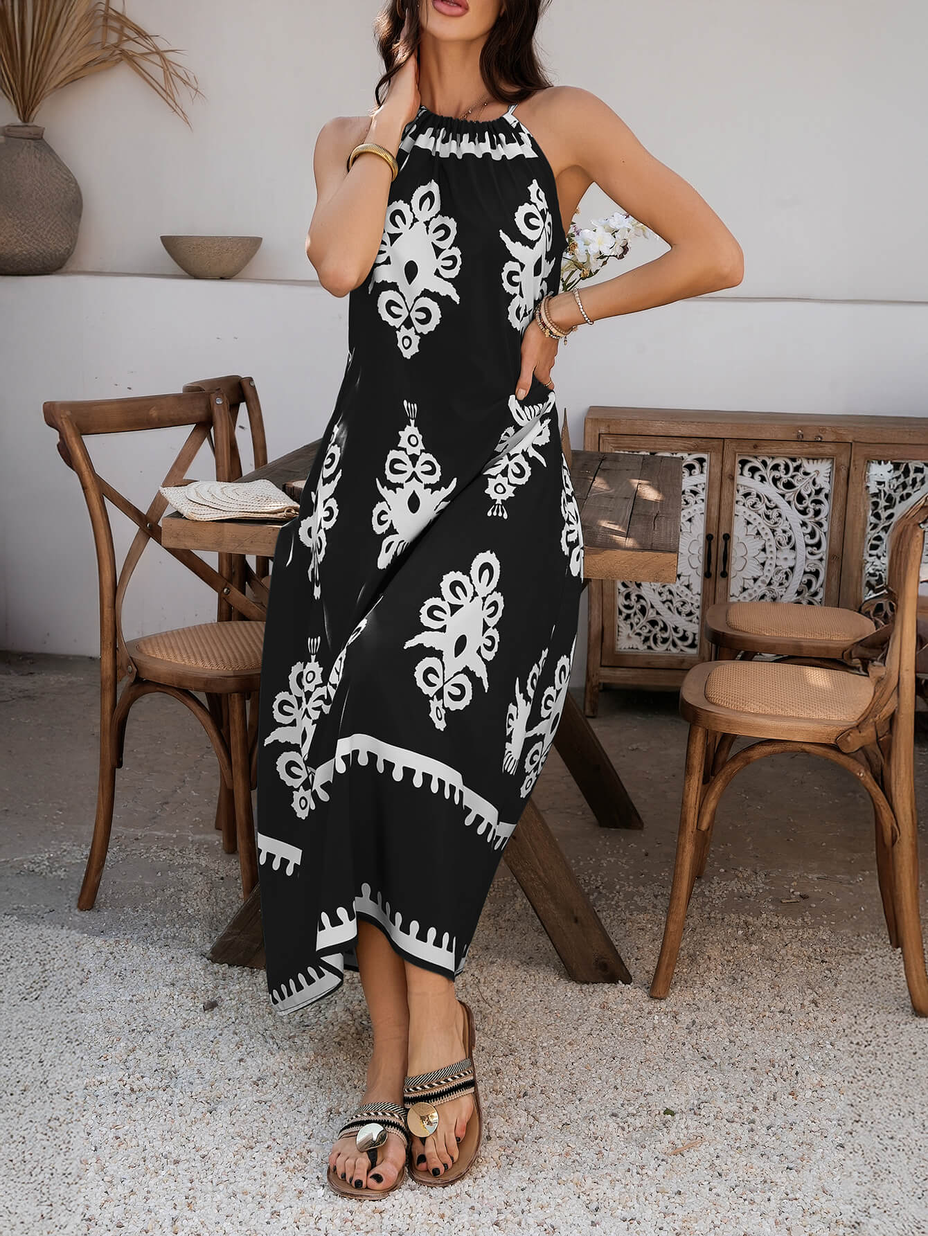 Indy Abstract Halter Neckline Maxi Dress - black