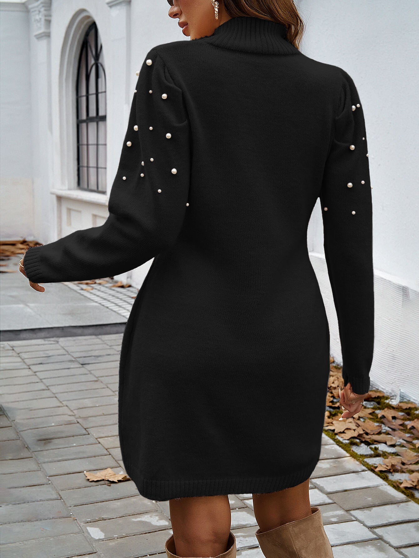 Simply Chic Pearl Embellished Mini Sweater Dress - Black