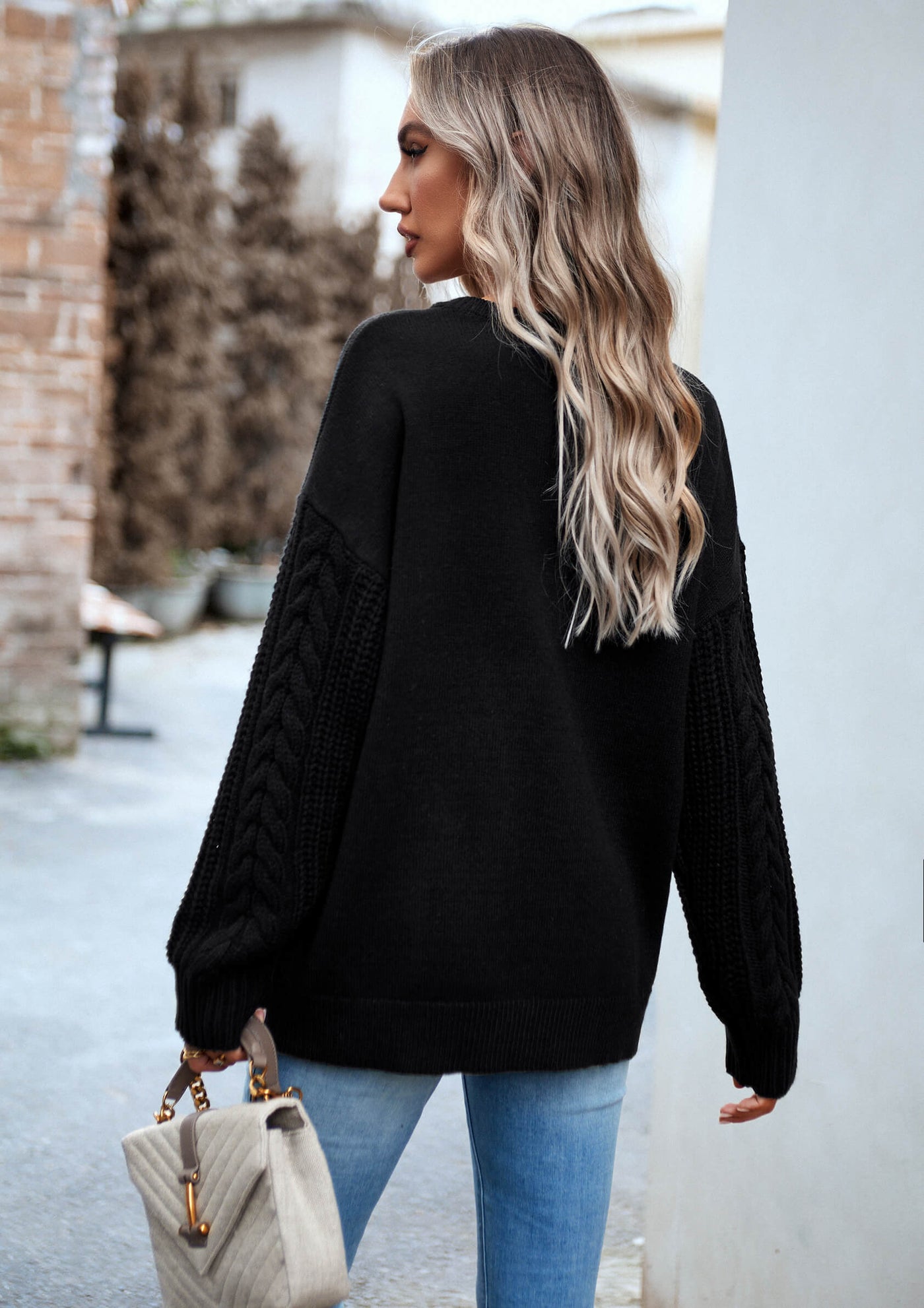 Joan Cable Sleeves Knit Pullover Sweater - Black