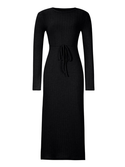 Kaylen Long Sleeve Ribbed Knit Maxi Dress - Black