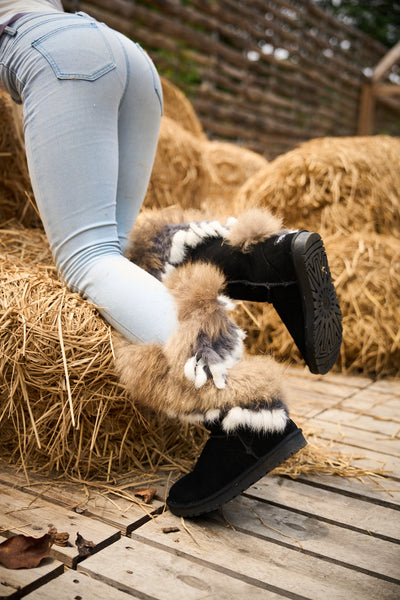 SMAIBULUN Ugg | Faux Fur Wool Lined Grazing Calf Boots - Black