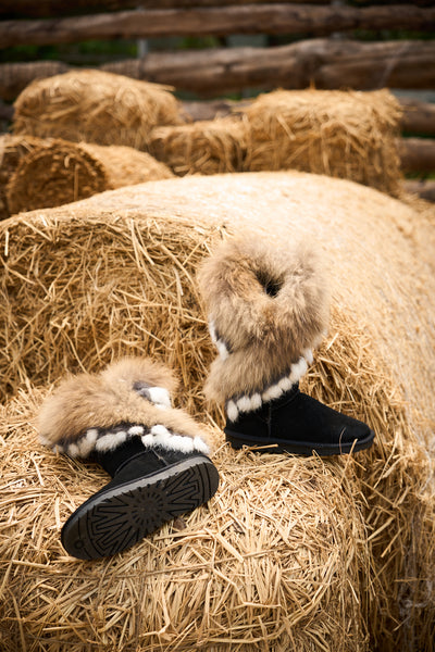 SMAIBULUN Ugg | Faux Fur Wool Lined Grazing Calf Boots - Black