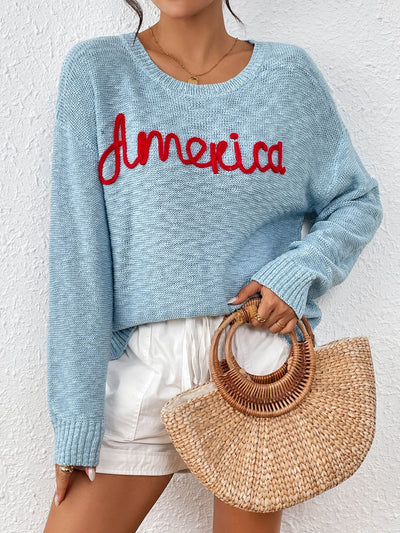 America Mom Knit Pullover Sweater - Blue