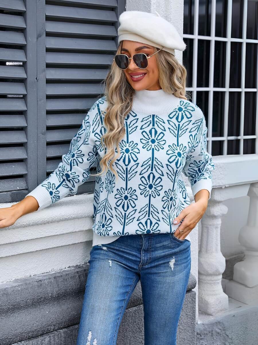 Fall In Flower Mockneck Sweater - Blue