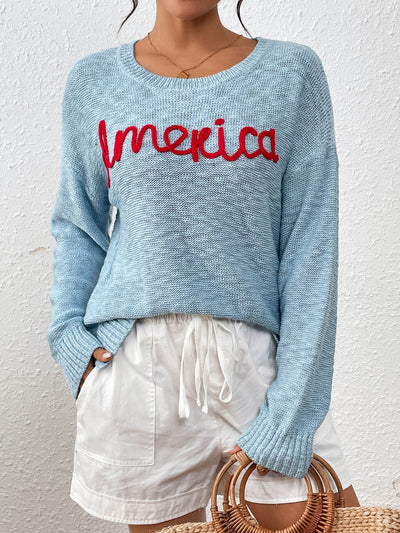 America Mom Knit Pullover Sweater - Blue